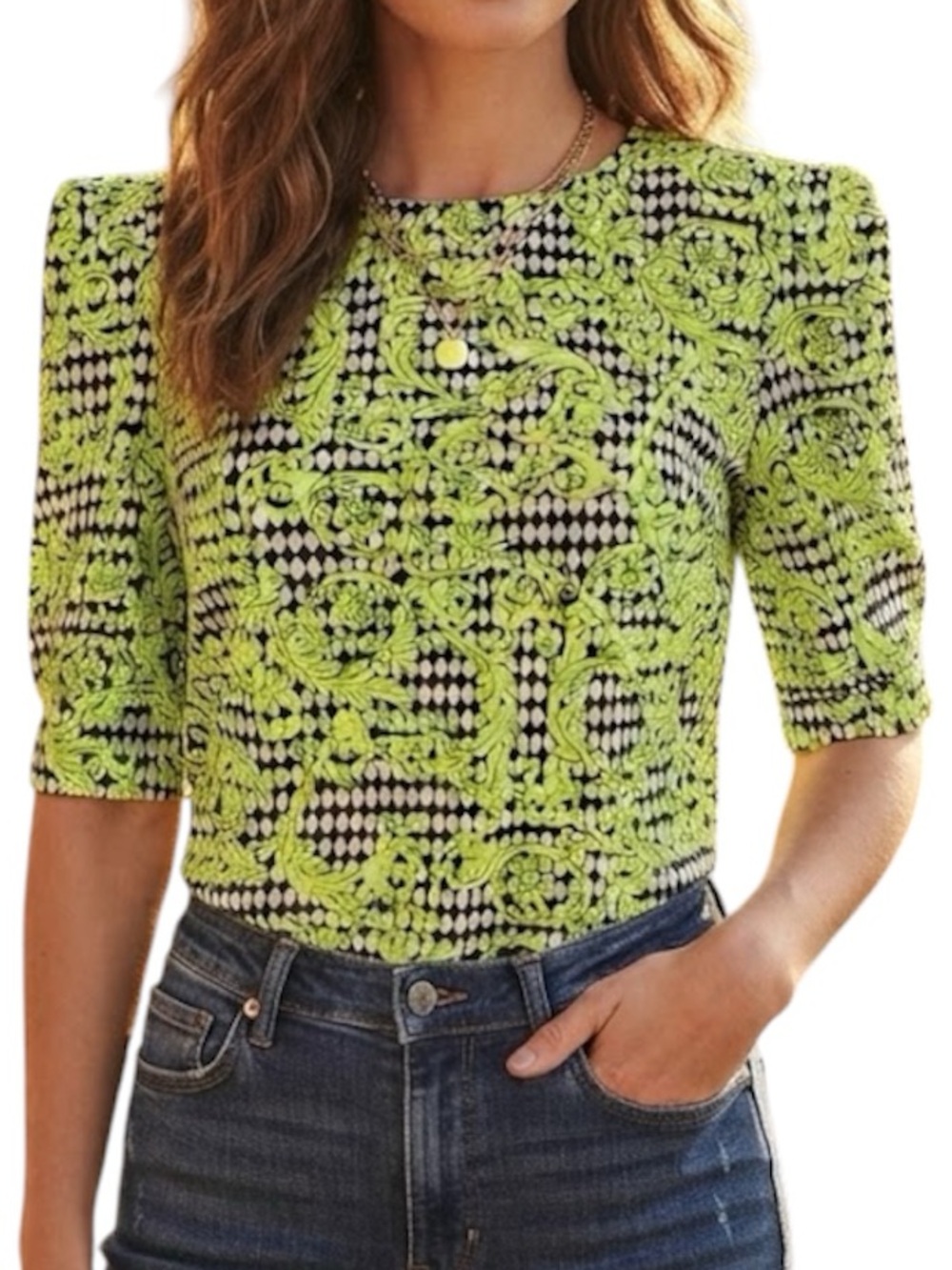 BOOHOO Neon Green Baroque Print Blouse With Crop Sleeves Size 6